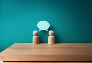 Two wooden figures stand on a wooden surface, facing each other, with a speech bubble above them.
