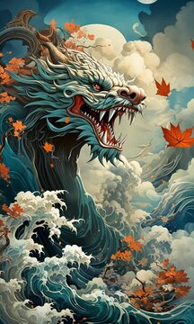 Illustration of a typical Chinese dragon flying through the clouds. Famous in Chinese culture and legend is this dragon.
