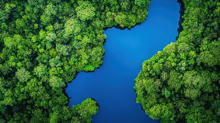 Naklejka premium Aerial view of lush green forest surrounding a serene blue lake.