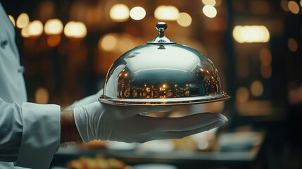 Upscale Restaurant Experience: Waiter with White Glove Unveiling Large Silver Dish Cloche to Showcase Gourmet Cuisine