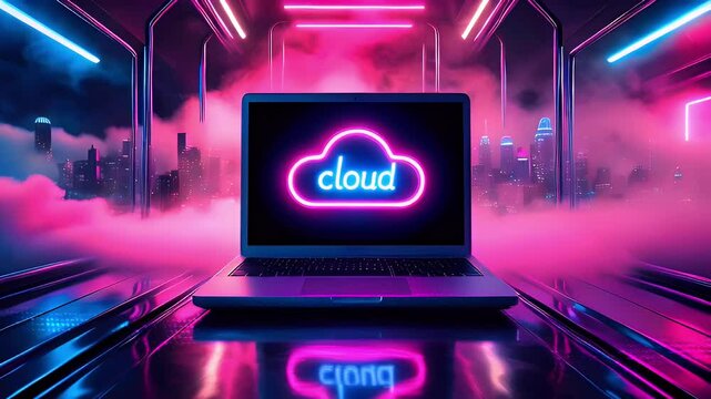 Laptop with cloud logo on screen, futuristic cityscape background with neon lighting.