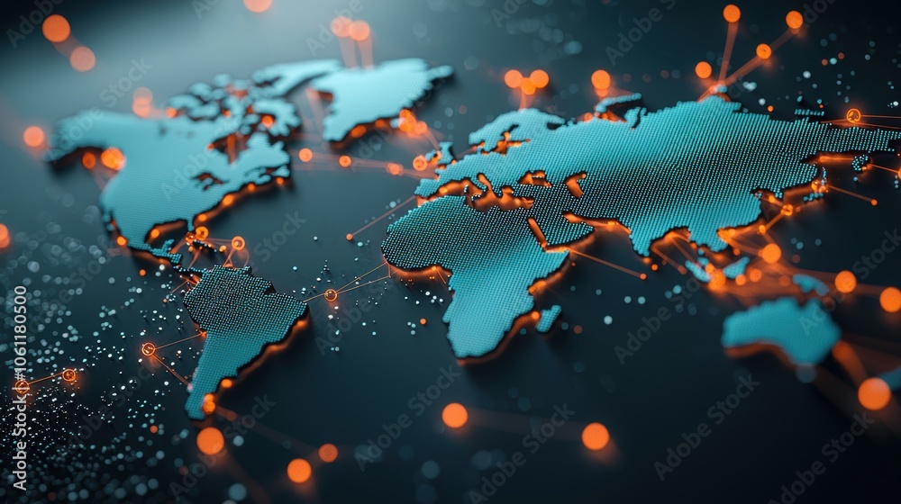 Poster a world map projected onto a dark surface with intricate glowing lines and pulsing nodes showcasing 