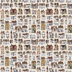 Fototapeta premium Charming house pattern with warm architectural illustrations in earthy tones on a neutral background for decoration