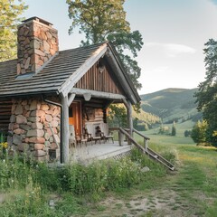 Traditional rustic wooden log cabin lodge with stone chimney and porch overlooking a bright green summer valley meadow.