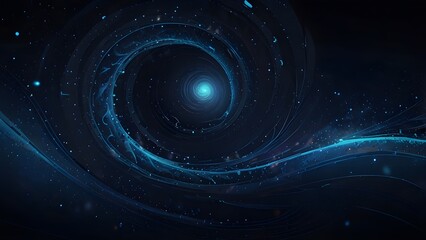Blue abstract background with spiral pattern. Galaxies with stars and planets with circular motifs in deep blue lines of the universe night light space. No Generative AI