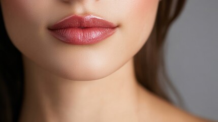 Obraz premium 滑らかな肌の女性の顔に光沢のある唇のエレガントなクローズアップ