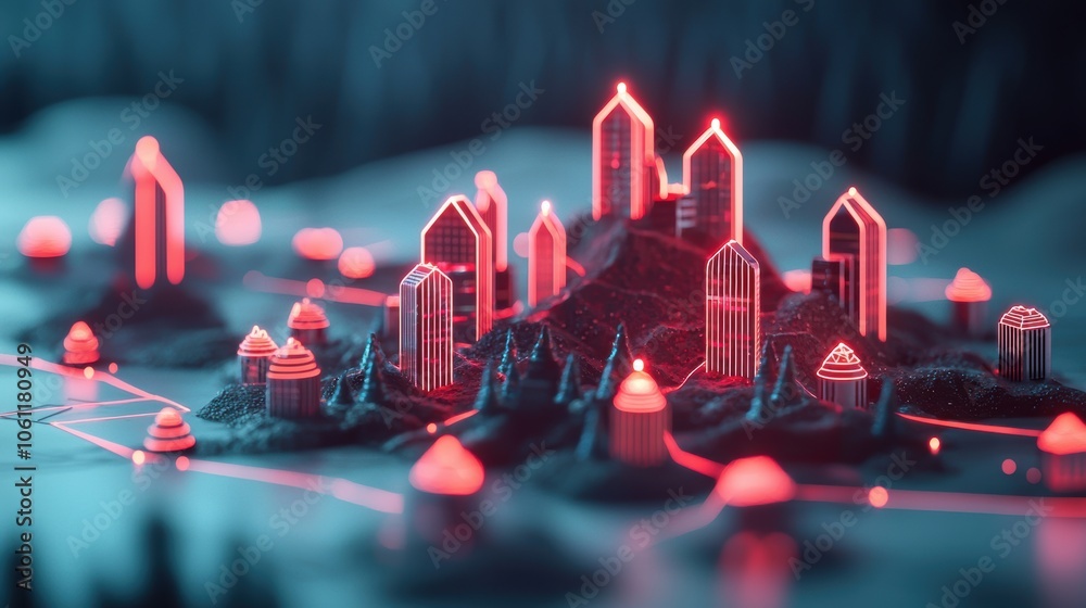 Poster a futuristic city with glowing lines representing blockchain transactions and interconnected devices