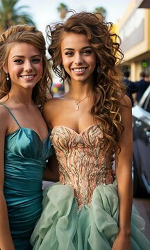 Picture of lovely adolescent buddies in prom gowns in a parking lot
