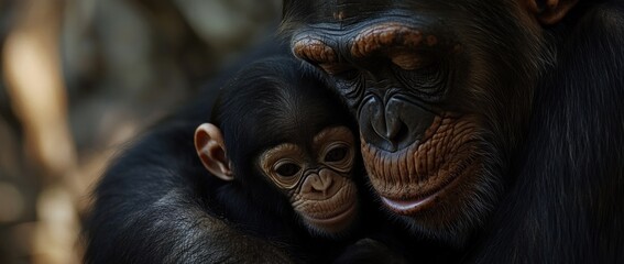 A tender moment between a mother chimpanzee and her baby, showcasing their bond.
