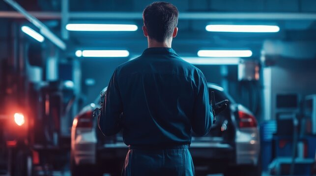 Mechanic Working Late in Repair Shop