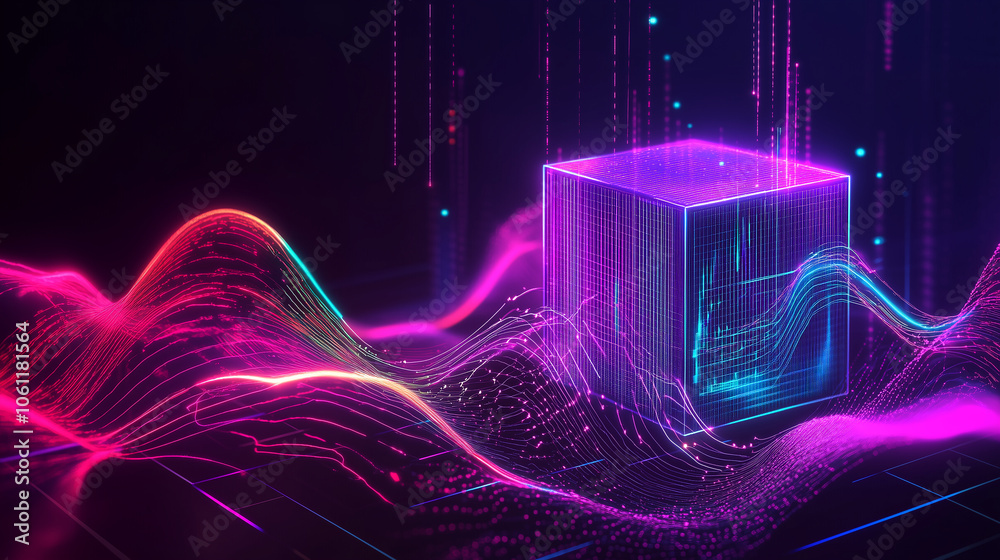 Poster A purple cube with a blue interior sits on a dark digital landscape with flowing lines of code in pink and blue