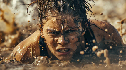 A woman crawling through muddy water in a tough sports competition pain endurance