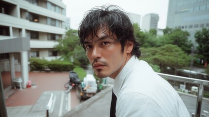 Fototapeta premium 都市の風景を背景に、ぼさぼさの髪で物思いにふける都会の男性