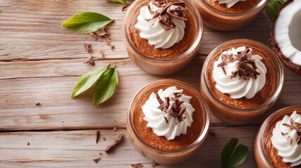Fototapeta premium Delicious chocolate mousse desserts topped with whipped cream and chocolate shavings.