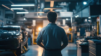 Man Standing in Auto Repair Shop Garage