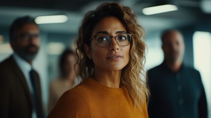 チーム会議を主導する、眼鏡をかけた自信に満ちたプロフェッショナルな女性