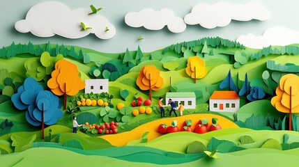 Fototapeta premium A colorful paper-cut landscape depicting farming activities and nature.