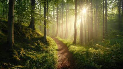 Obraz premium A serene forest path illuminated by sunlight, inviting exploration and tranquility.