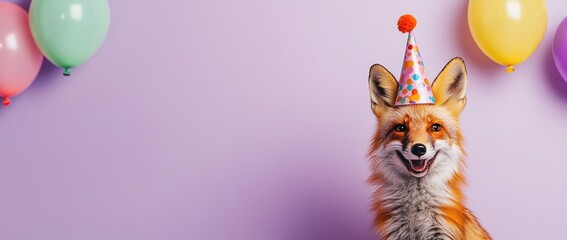 Fototapeta premium A cheerful fox wearing a party hat against a colorful balloon backdrop.