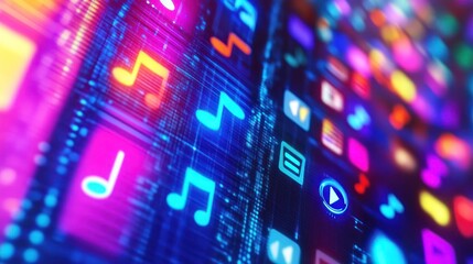 A vibrant digital display featuring colorful music and media icons on a tech-inspired background.