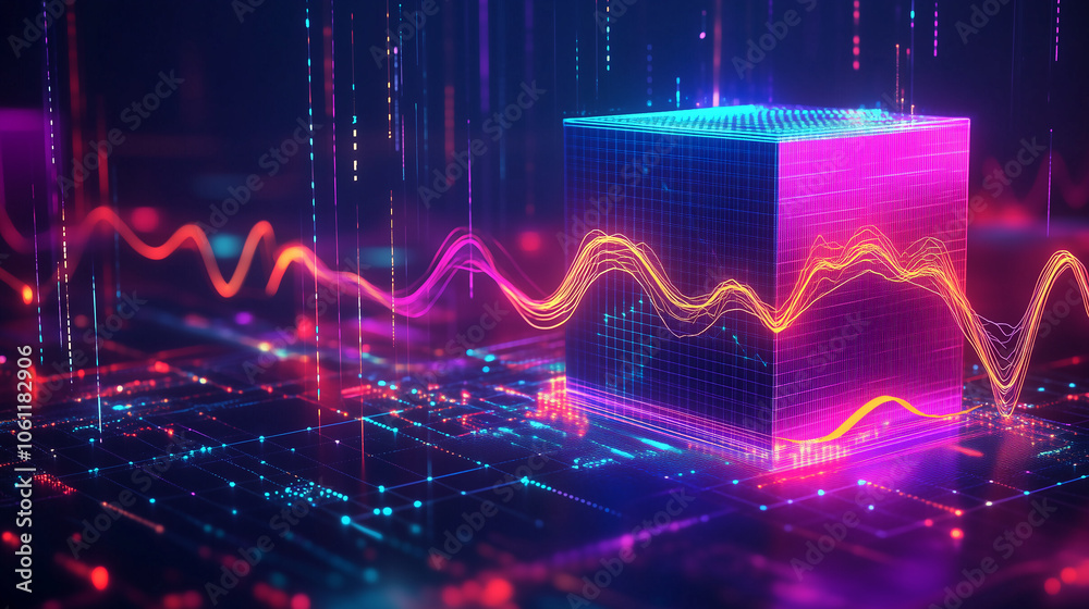 Poster A glowing cube with lines and waves of light is surrounded by lines and circuits