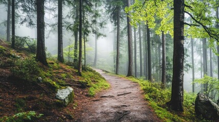 Fototapeta premium A serene forest path surrounded by tall trees and mist, inviting exploration and tranquility.