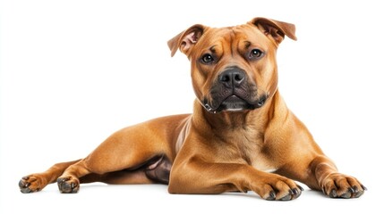 A relaxed dog lying down, showcasing its muscular build and attentive expression.