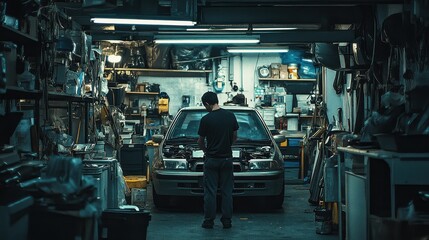 Fototapeta premium Cluttered Repair Shop with Mechanic Working on a Car