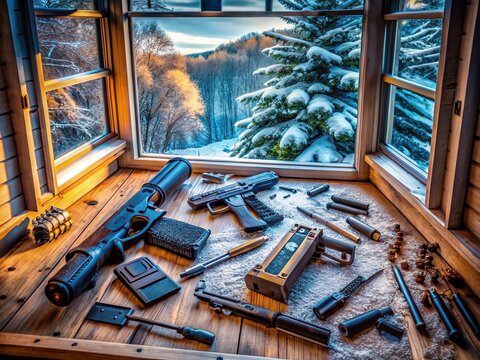 Drone Photography of Disassembled Glock 17 Parts for Cleaning in Baltic States, January 2023 &ndash; Detailed Weapon Maintenance and Care Techniques