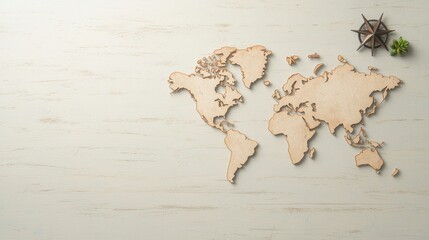 A textured, parchment style world map with a vintage aesthetic, featuring faded landmasses, antique compass rose, and elegant script for geographical labels.