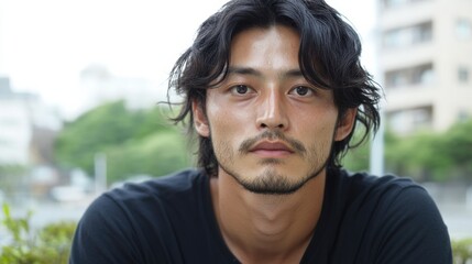 Fototapeta premium 都会の風景の中にいる長髪とひげの男性の本物の肖像画