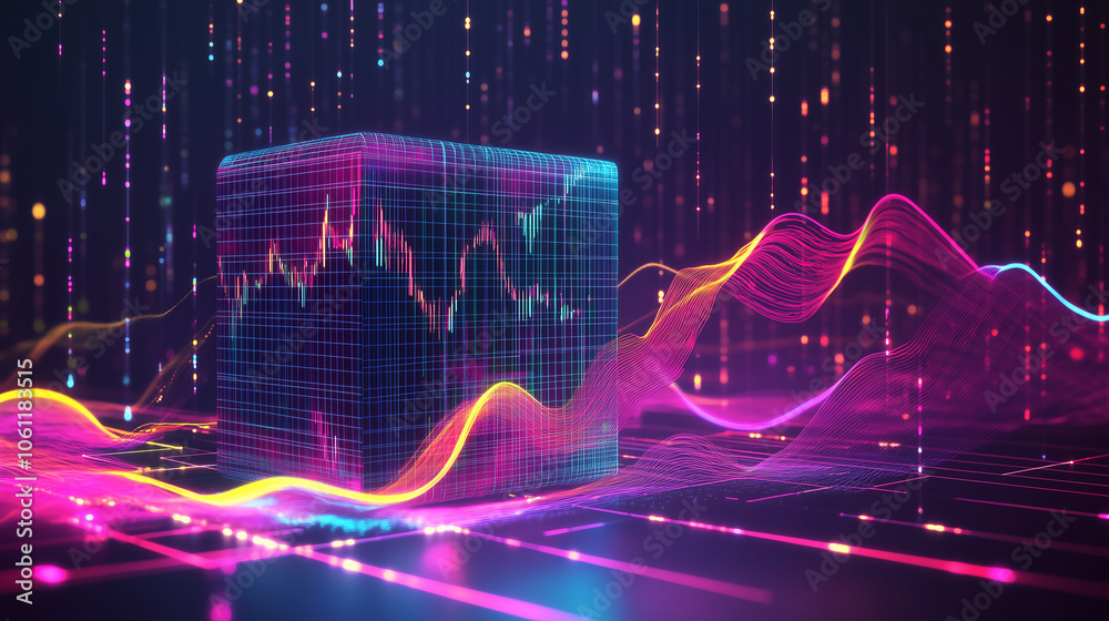 Aufkleber A digital cube with a stock chart inside sits on a platform of colorful neon lines. The cube is surrounded by glowing, wavy lines that create a futuristic and abstract scene