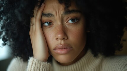 心地よいセーターを着て物思いにふける巻き毛の若い女性