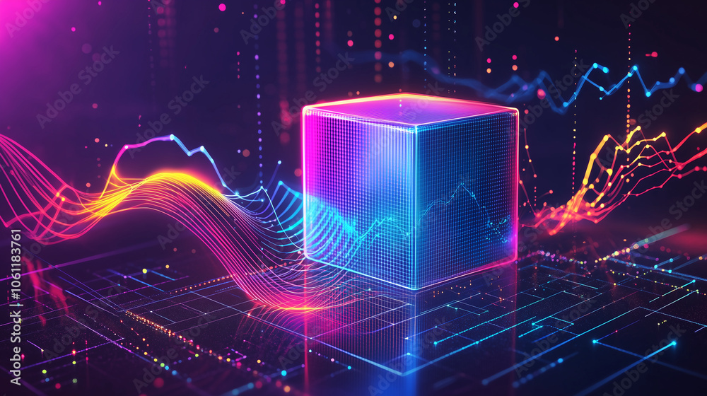 Poster a glowing cube with pink and blue lights, surrounded by colorful lines against a dark background