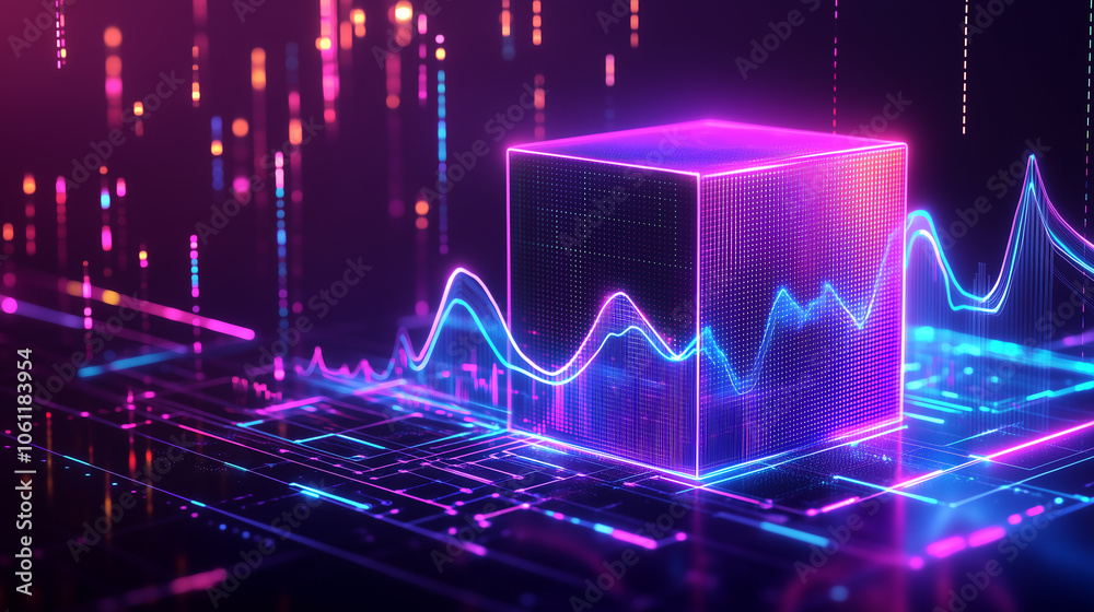 Aufkleber a glowing cube and neon lines show a complex data visualization. the cube is pink and purple, while 