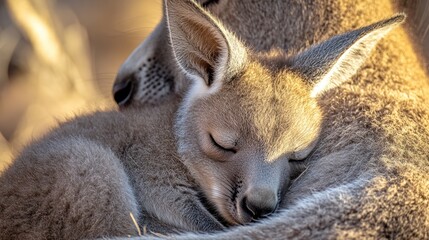 A tender moment between a kangaroo and its joey, showcasing maternal care and affection.