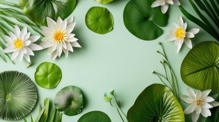 A serene arrangement of water lilies and green leaves on a soft background.