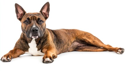 Obraz premium A relaxed dog lying on a white background, showcasing its coat and demeanor.