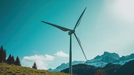 Wind Turbine on Grassy Hill under Clear Blue Skies