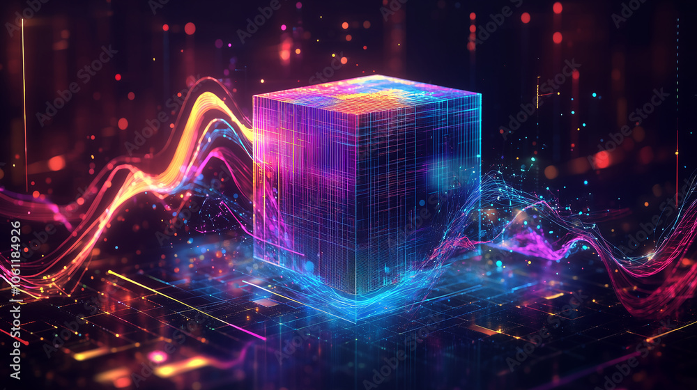 Poster a glowing, colorful cube with intricate wireframe details sits at the center of a digital landscape,