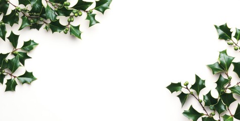 Naklejka premium A decorative arrangement of holly leaves and berries on a white background.