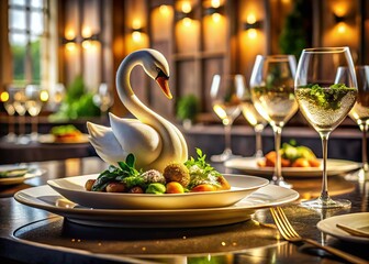 Elegant Abstract Swan Logo in a Gourmet Food Setting - Artistic Culinary Presentation, Minimalist Design, Luxurious Ambiance, Sophisticated Tableware, High-End Cuisine