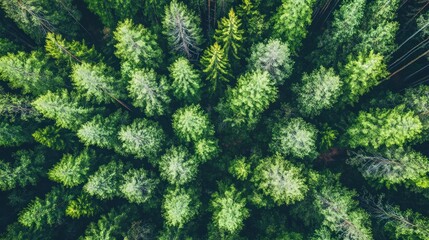 Fototapeta premium Aerial view of a lush green forest showcasing dense tree coverage.