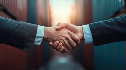 A handshake between two businesspeople of different ethnicities against a backdrop of shipping containers at a busy port, symbolizing successful international trade agreements.