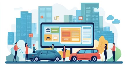 Illustration of people interacting with a digital display about vehicles in an urban setting.