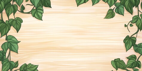 Fototapeta premium A wooden background framed by green ivy leaves, creating a natural and fresh aesthetic.