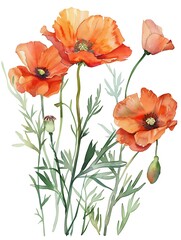 Obraz premium Watercolor Orange Poppy Isolated on White Background. Beautiful Poppy Flower
