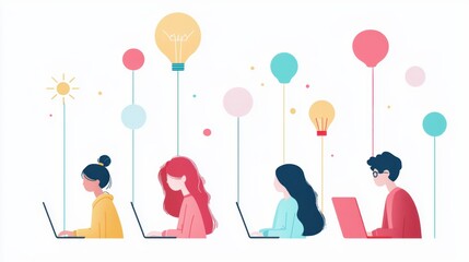 A diverse group of students engaged in an online lesson, using laptops and tablets to participate in interactive activities and virtual discussions.