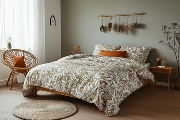 A serene bedroom features a bohemian-style bedding with swirling patterns, a rattan chair, and minimalist decor, offering a warm and inviting atmosphere.