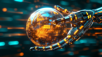 A metallic robotic hand extends toward a bright digital globe, symbolizing innovation and advanced technology
